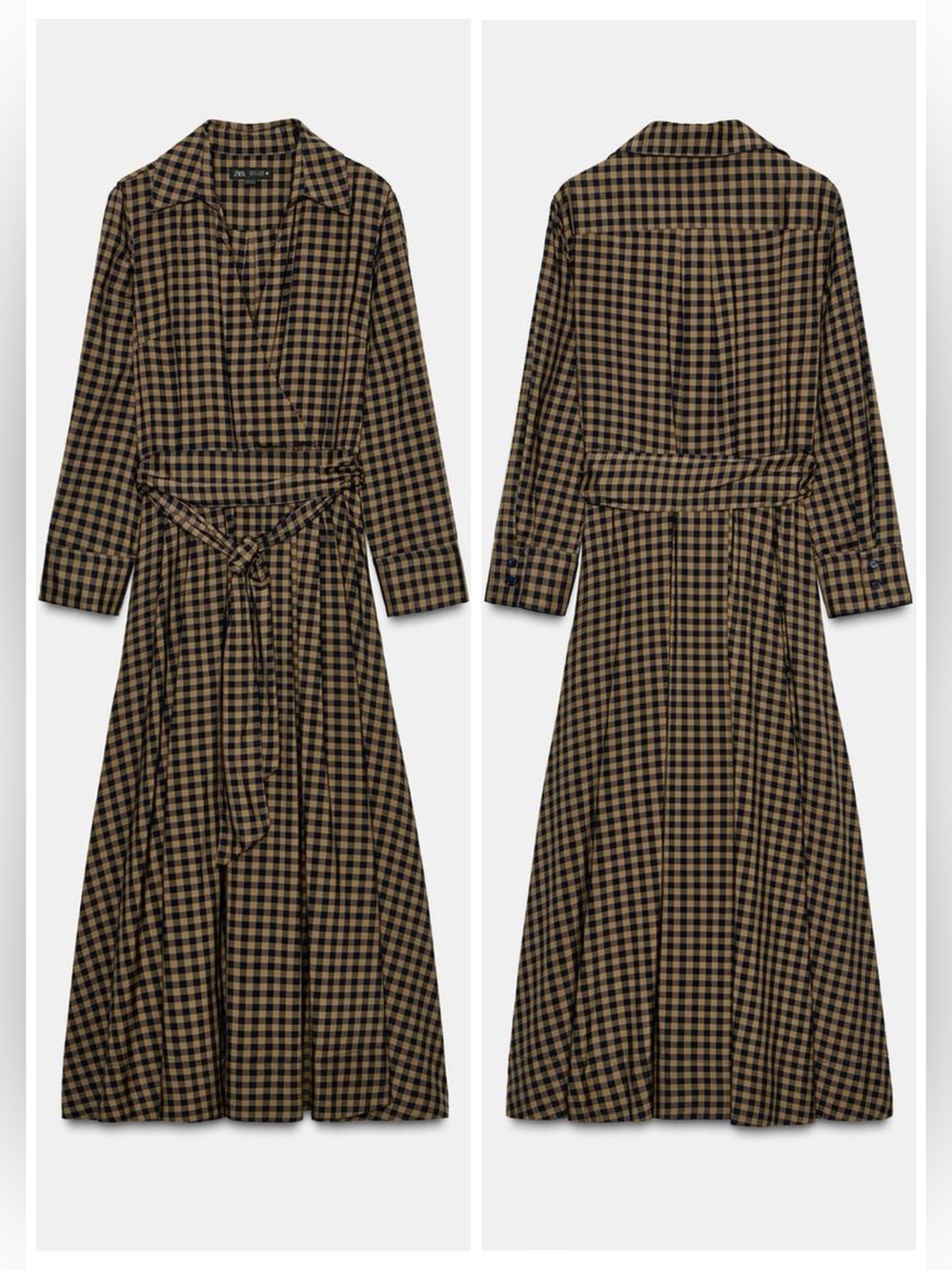 Zara Checkered Poplin Midi Shirt Dress Plaid Long Sleeves Caramel Navy Medium - Picture 16 of 16